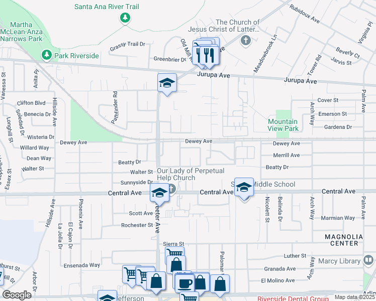 map of restaurants, bars, coffee shops, grocery stores, and more near 5172 Merrill Avenue in Riverside