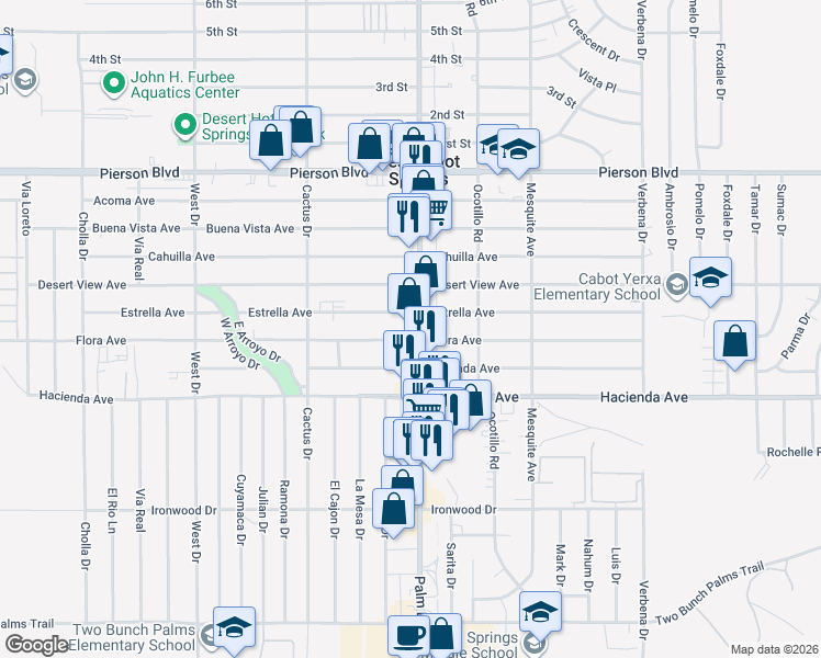 map of restaurants, bars, coffee shops, grocery stores, and more near 12695 Palm Drive in Desert Hot Springs