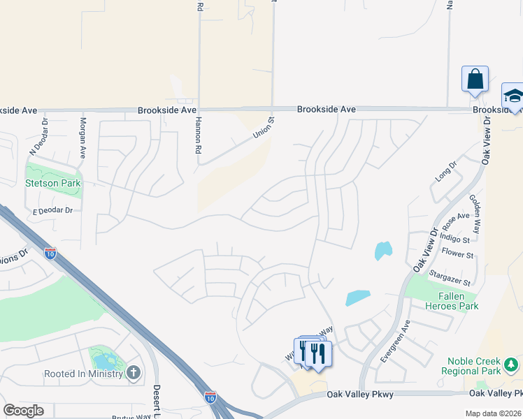 map of restaurants, bars, coffee shops, grocery stores, and more near 990 Avenal Way in Beaumont
