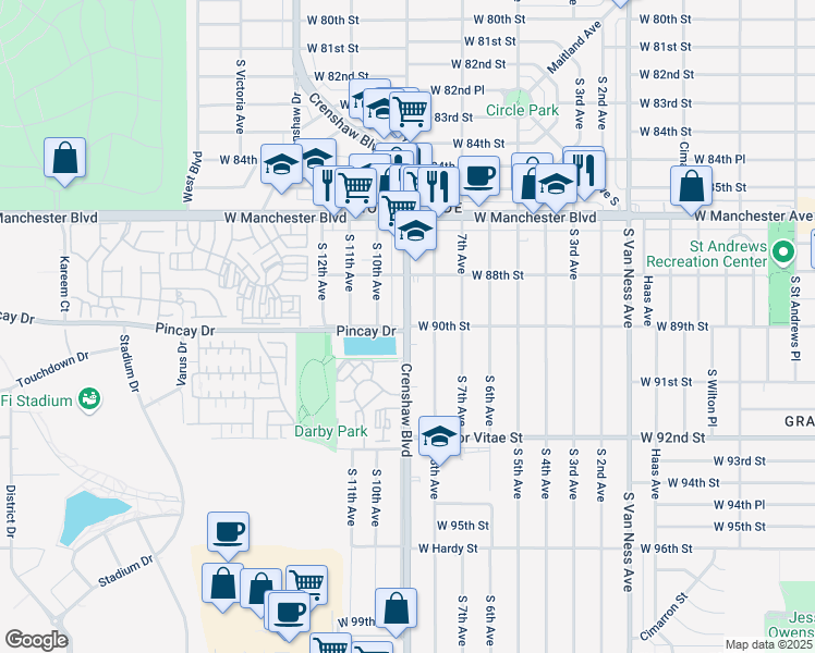map of restaurants, bars, coffee shops, grocery stores, and more near Crenshaw Blvd & W 90th St in Inglewood