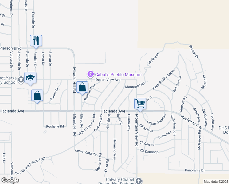 map of restaurants, bars, coffee shops, grocery stores, and more near 12720 Cuando Way in Desert Hot Springs