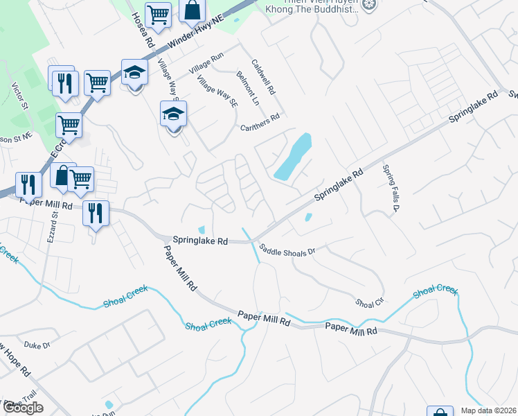 map of restaurants, bars, coffee shops, grocery stores, and more near 228 Springbottom Drive Southeast in Lawrenceville