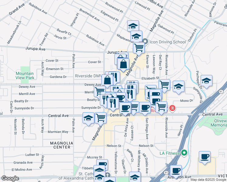 map of restaurants, bars, coffee shops, grocery stores, and more near 3912 Merrill Avenue in Riverside