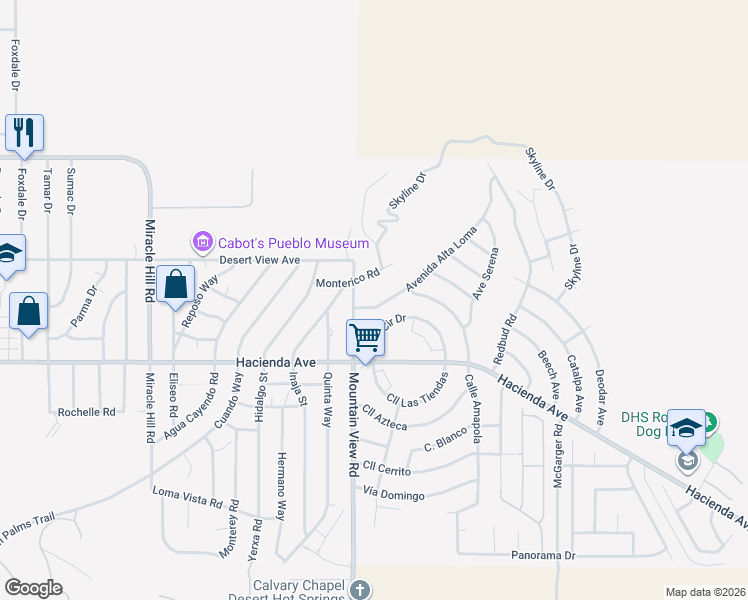map of restaurants, bars, coffee shops, grocery stores, and more near 12765 Avenue Alta Loma in Desert Hot Springs