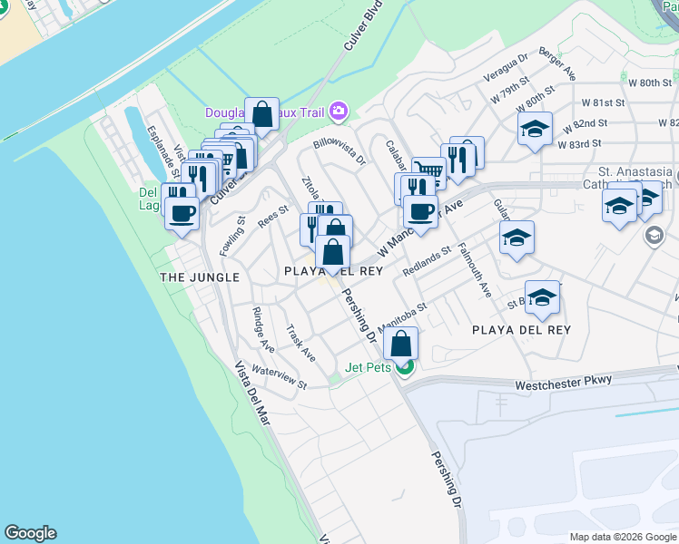 map of restaurants, bars, coffee shops, grocery stores, and more near 8388-8398 West Manchester Avenue in Los Angeles
