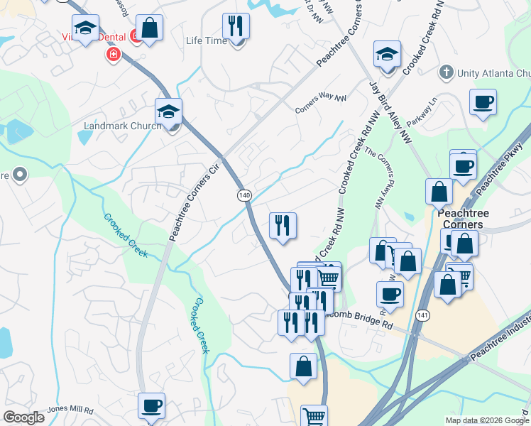 map of restaurants, bars, coffee shops, grocery stores, and more near 3531 Brookwood Court in Norcross