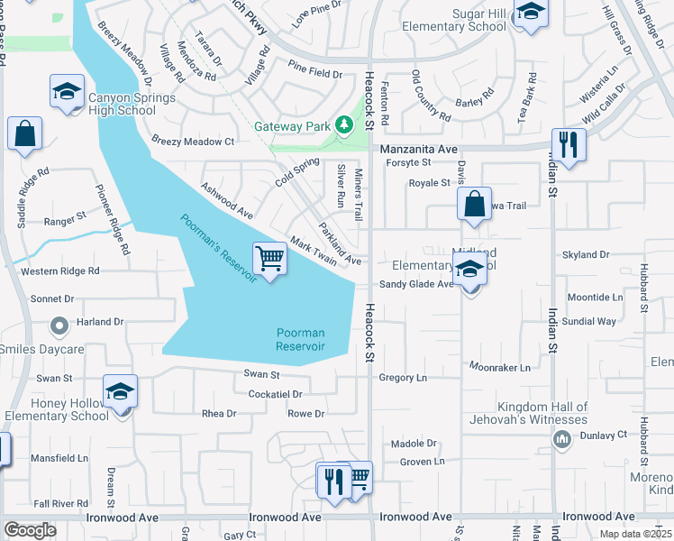 map of restaurants, bars, coffee shops, grocery stores, and more near 23907 Mark Twain in Moreno Valley