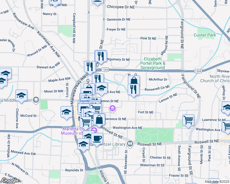 map of restaurants, bars, coffee shops, grocery stores, and more near 185 North Forest Avenue Northeast in Marietta