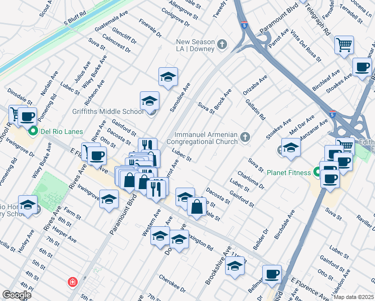map of restaurants, bars, coffee shops, grocery stores, and more near 9625 Brock Avenue in Downey