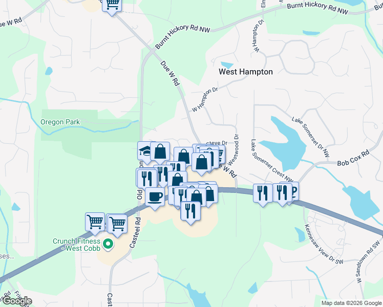 map of restaurants, bars, coffee shops, grocery stores, and more near 100 Whisperwood Lane in Marietta