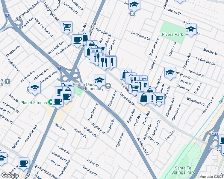 map of restaurants, bars, coffee shops, grocery stores, and more near 9242 Telegraph Road in Downey