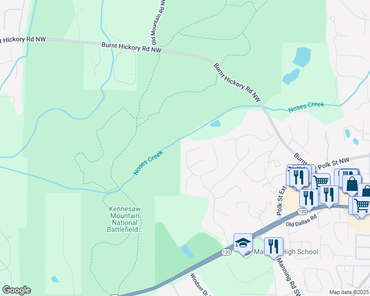 map of restaurants, bars, coffee shops, grocery stores, and more near 1121 Burnt Hickory Road Northwest in Marietta