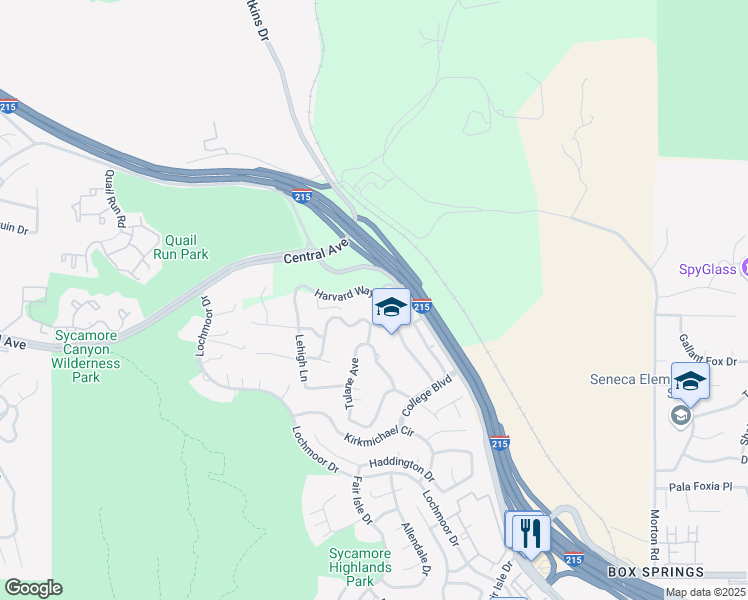 map of restaurants, bars, coffee shops, grocery stores, and more near Harvard Way in Riverside