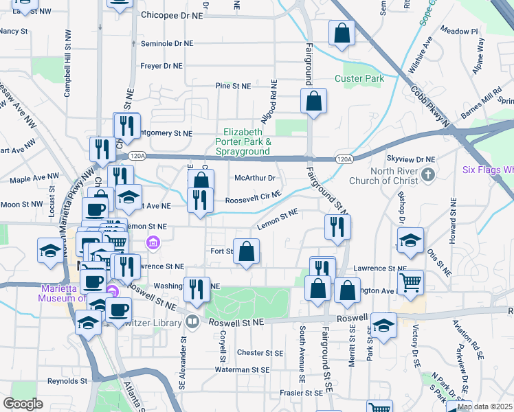 map of restaurants, bars, coffee shops, grocery stores, and more near 415 Roosevelt Circle Northeast in Marietta