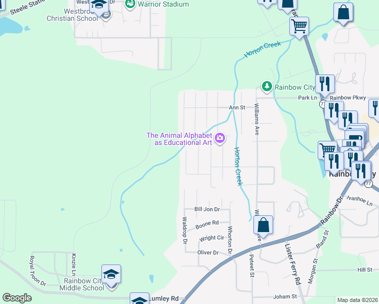 map of restaurants, bars, coffee shops, grocery stores, and more near 213 Windsor Lane in Rainbow City