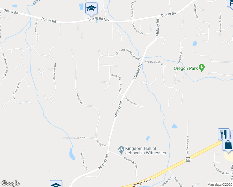 map of restaurants, bars, coffee shops, grocery stores, and more near 115 Mayes Farm Road Northwest in Marietta
