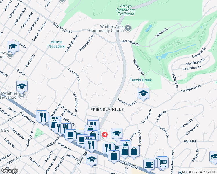 map of restaurants, bars, coffee shops, grocery stores, and more near 8562 La Sierra Avenue in Whittier