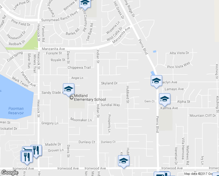 map of restaurants, bars, coffee shops, grocery stores, and more near 24596 Skyrock Drive in Moreno Valley