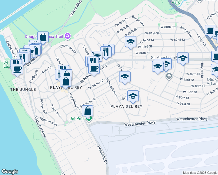 map of restaurants, bars, coffee shops, grocery stores, and more near 8635 Falmouth Avenue in Los Angeles