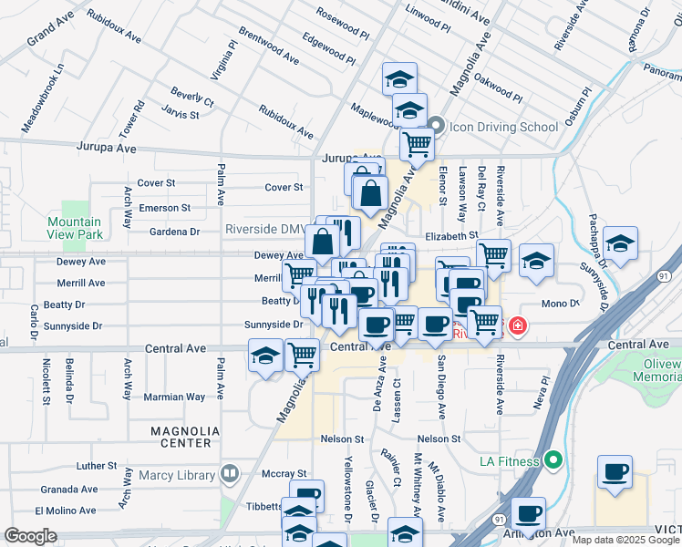 map of restaurants, bars, coffee shops, grocery stores, and more near 3965 Merrill Avenue in Riverside