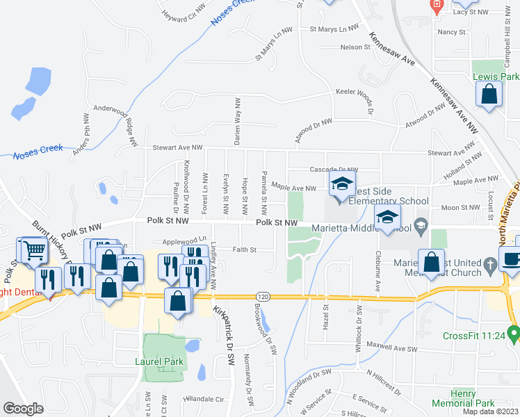 map of restaurants, bars, coffee shops, grocery stores, and more near 185 Pamela Street Northwest in Marietta