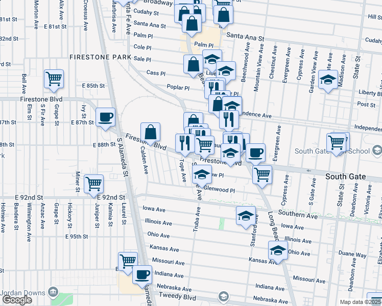 map of restaurants, bars, coffee shops, grocery stores, and more near 8801-8835 Santa Fe Avenue in South Gate