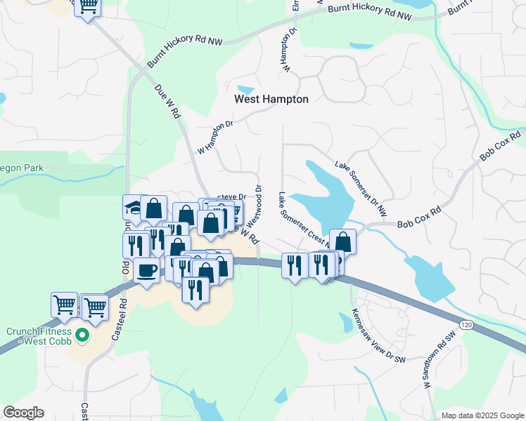 map of restaurants, bars, coffee shops, grocery stores, and more near 120 Westwood Drive in Marietta