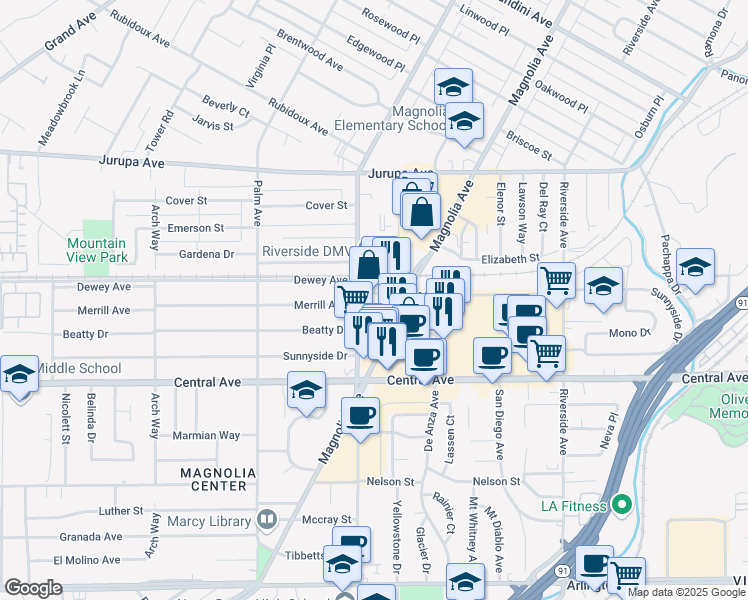 map of restaurants, bars, coffee shops, grocery stores, and more near 3987 Merrill Avenue in Riverside