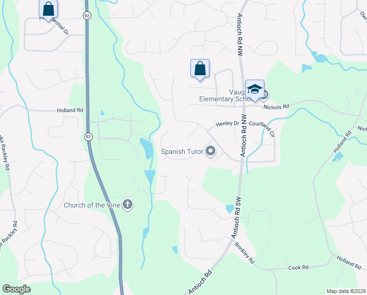 map of restaurants, bars, coffee shops, grocery stores, and more near 100 Wyndham Lane in Powder Springs
