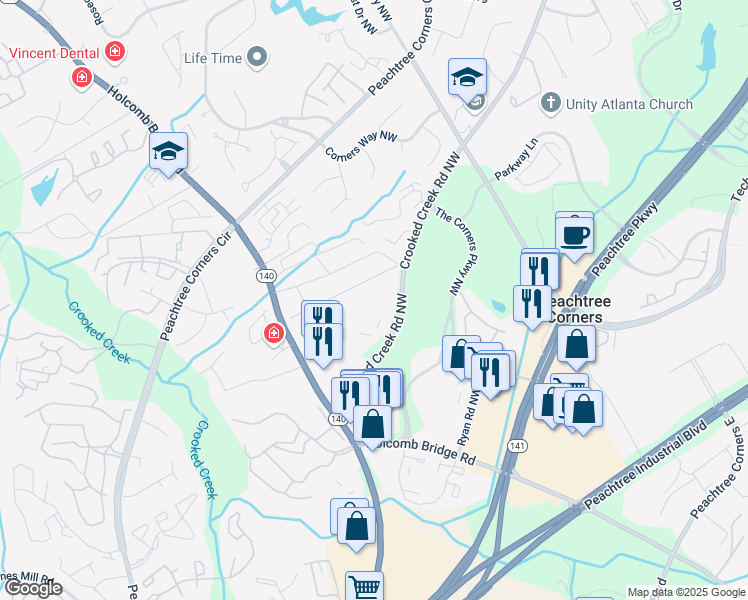map of restaurants, bars, coffee shops, grocery stores, and more near 6119 Woodmont Boulevard Northwest in Norcross