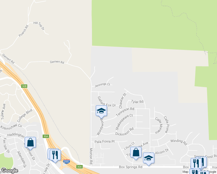 map of restaurants, bars, coffee shops, grocery stores, and more near 21159 Jennings Court in Moreno Valley