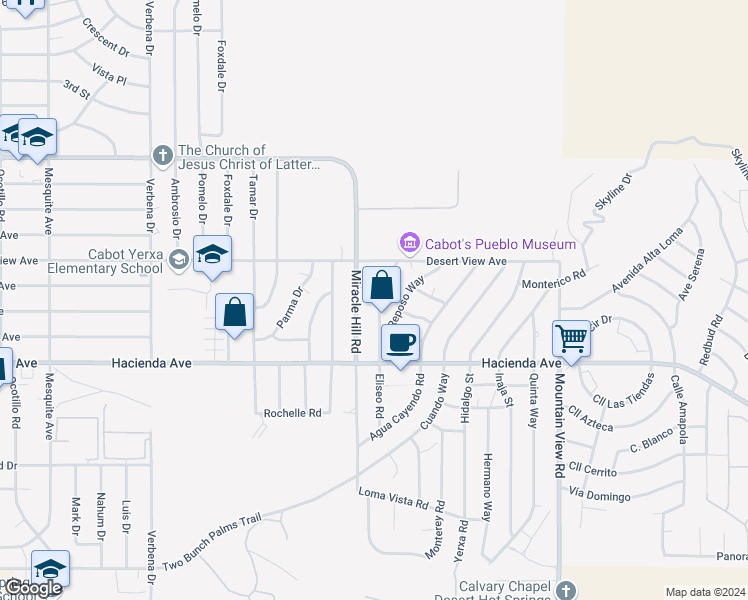 map of restaurants, bars, coffee shops, grocery stores, and more near 12689 Eliseo Road in Desert Hot Springs