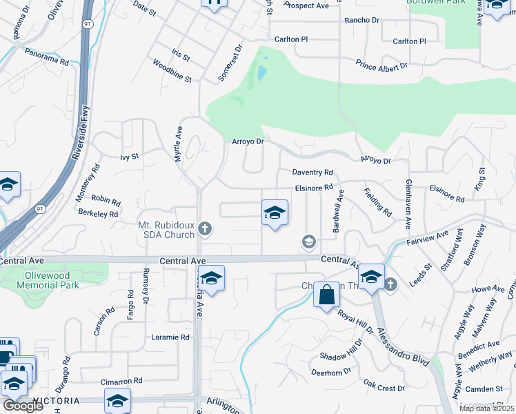 map of restaurants, bars, coffee shops, grocery stores, and more near 5201 Stonewood Drive in Riverside