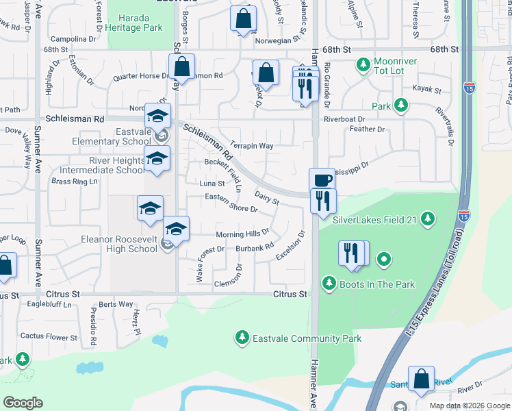 map of restaurants, bars, coffee shops, grocery stores, and more near 12771 Dairy Street in Corona