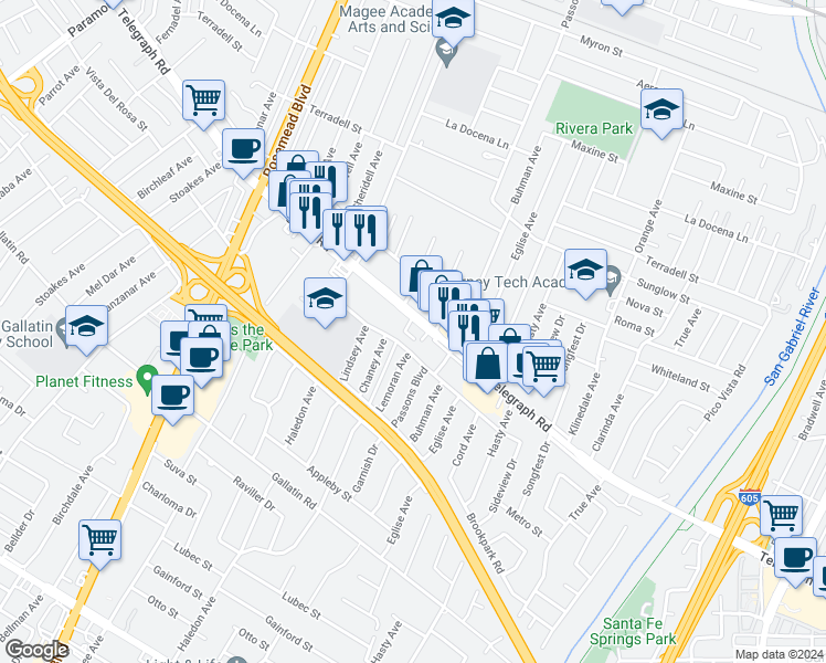 map of restaurants, bars, coffee shops, grocery stores, and more near 9321 Telegraph Road in Pico Rivera