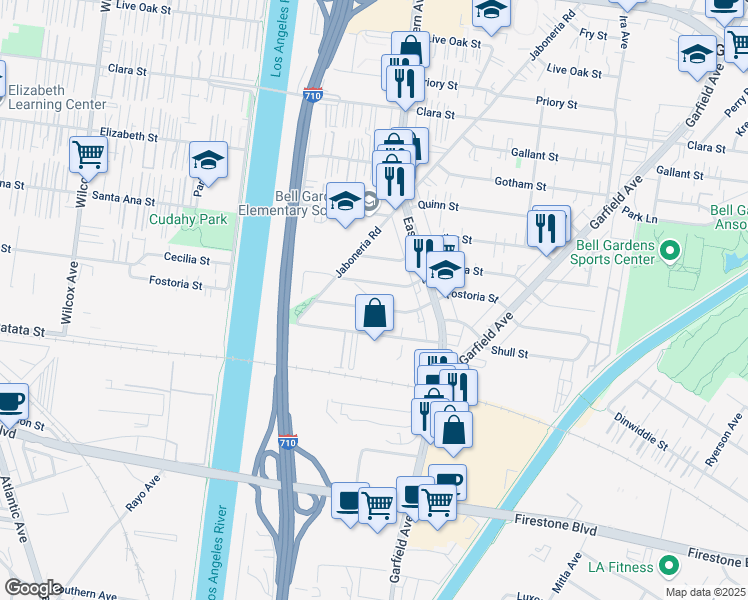 map of restaurants, bars, coffee shops, grocery stores, and more near 5636 Cecilia Street in Bell Gardens