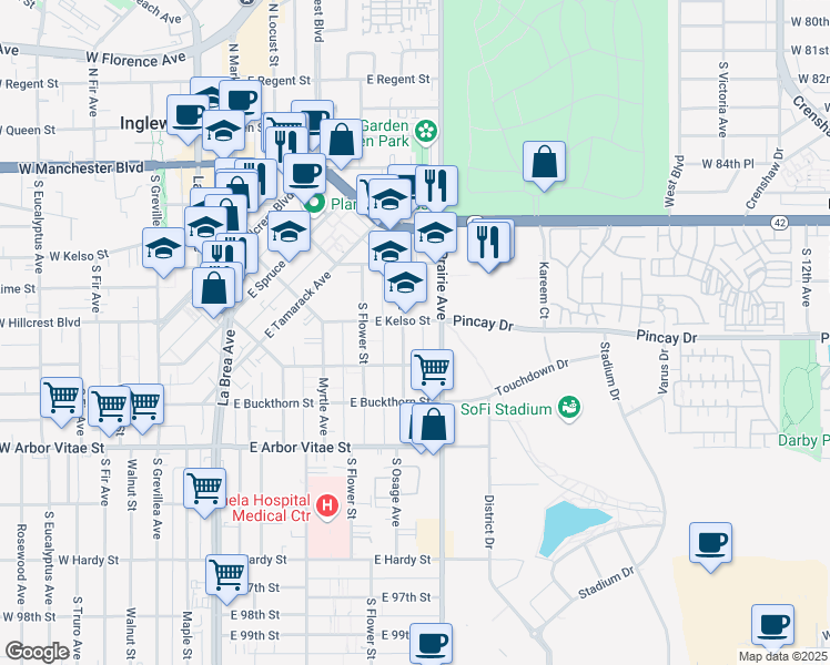 map of restaurants, bars, coffee shops, grocery stores, and more near 541 South Osage Avenue in Inglewood