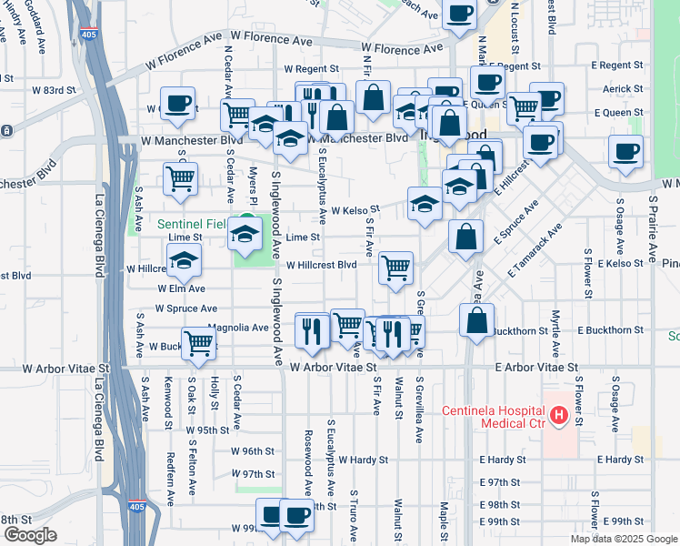 map of restaurants, bars, coffee shops, grocery stores, and more near 235 West Hillcrest Boulevard in Inglewood