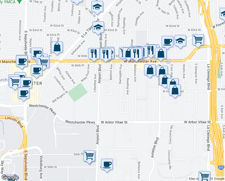 map of restaurants, bars, coffee shops, grocery stores, and more near 8735 Belford Avenue in Los Angeles