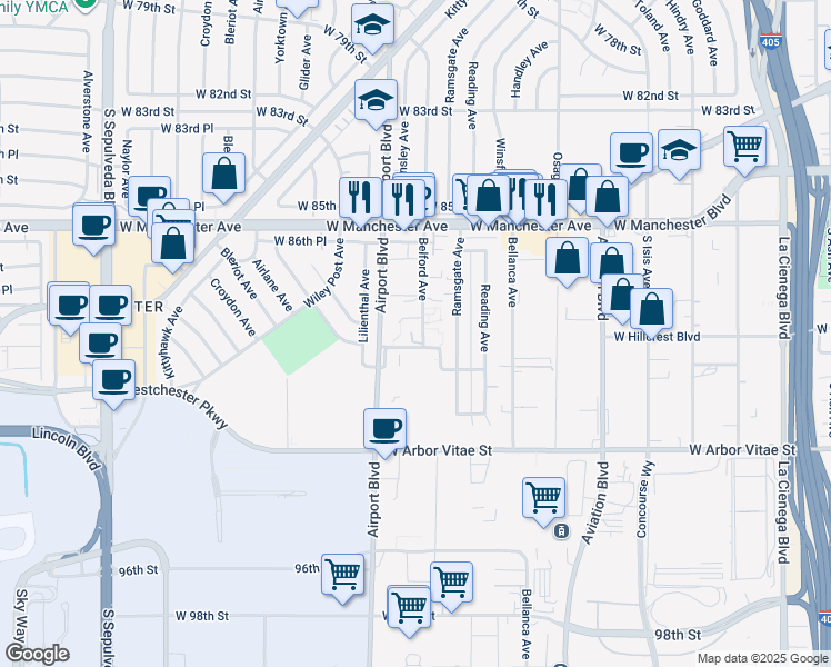map of restaurants, bars, coffee shops, grocery stores, and more near 8735 Belford Avenue in Los Angeles
