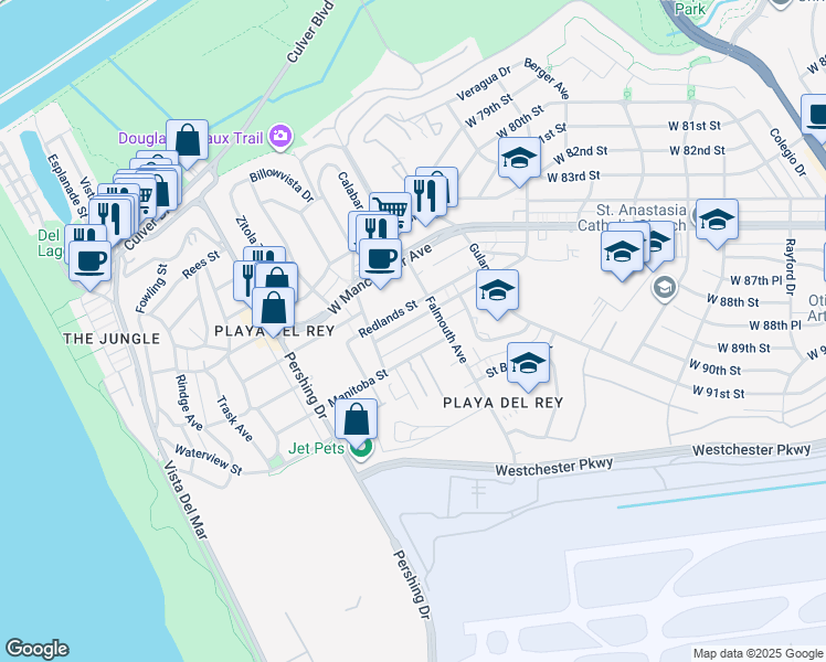 map of restaurants, bars, coffee shops, grocery stores, and more near 8135 Redlands Street in Los Angeles