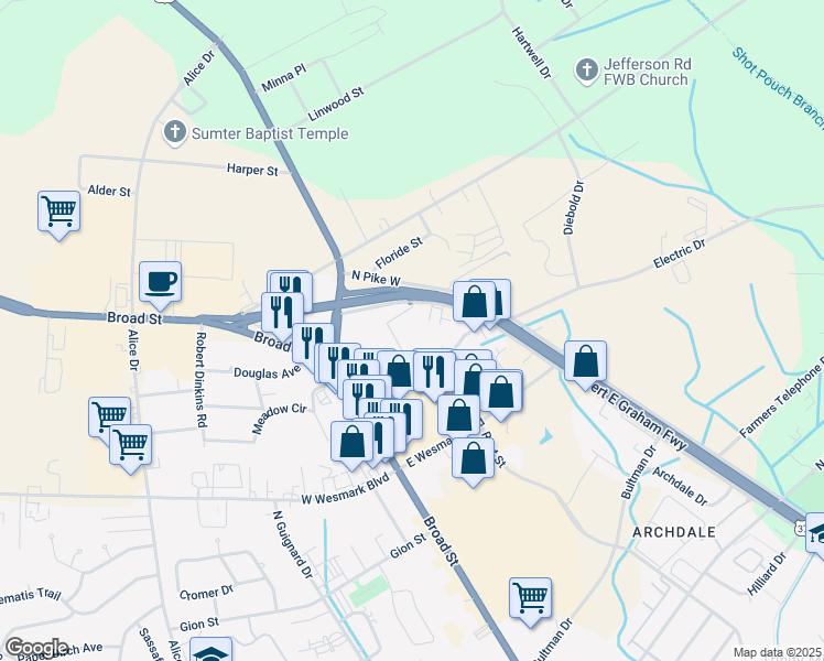 map of restaurants, bars, coffee shops, grocery stores, and more near 1170B South Pike West in Sumter