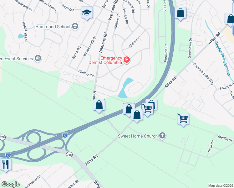 map of restaurants, bars, coffee shops, grocery stores, and more near 1141 Coatesdale Road in Columbia