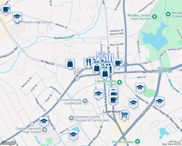 map of restaurants, bars, coffee shops, grocery stores, and more near 260 West Pike Street in Lawrenceville