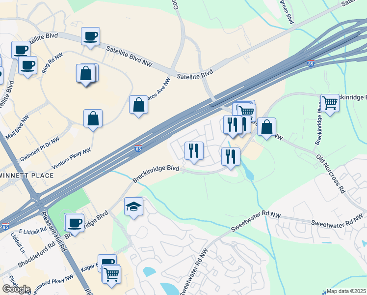 map of restaurants, bars, coffee shops, grocery stores, and more near 3157 Millington Place in Duluth
