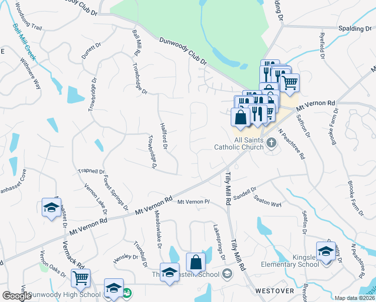 map of restaurants, bars, coffee shops, grocery stores, and more near 5350 Oxford Chase Way in Atlanta