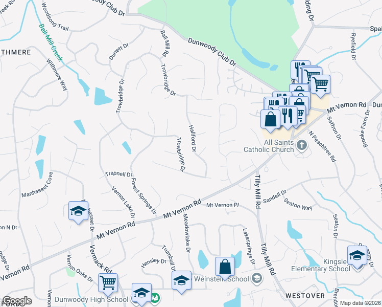 map of restaurants, bars, coffee shops, grocery stores, and more near 5354 Hallford Drive in Dunwoody