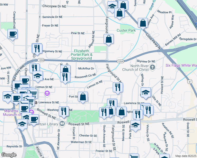 map of restaurants, bars, coffee shops, grocery stores, and more near 472 Rigby Street Northeast in Marietta