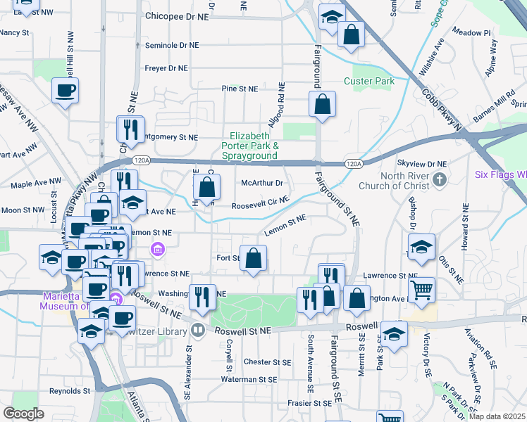 map of restaurants, bars, coffee shops, grocery stores, and more near 415 Roosevelt Circle Northeast in Marietta