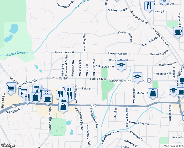 map of restaurants, bars, coffee shops, grocery stores, and more near 185 Pamela Street Northwest in Marietta